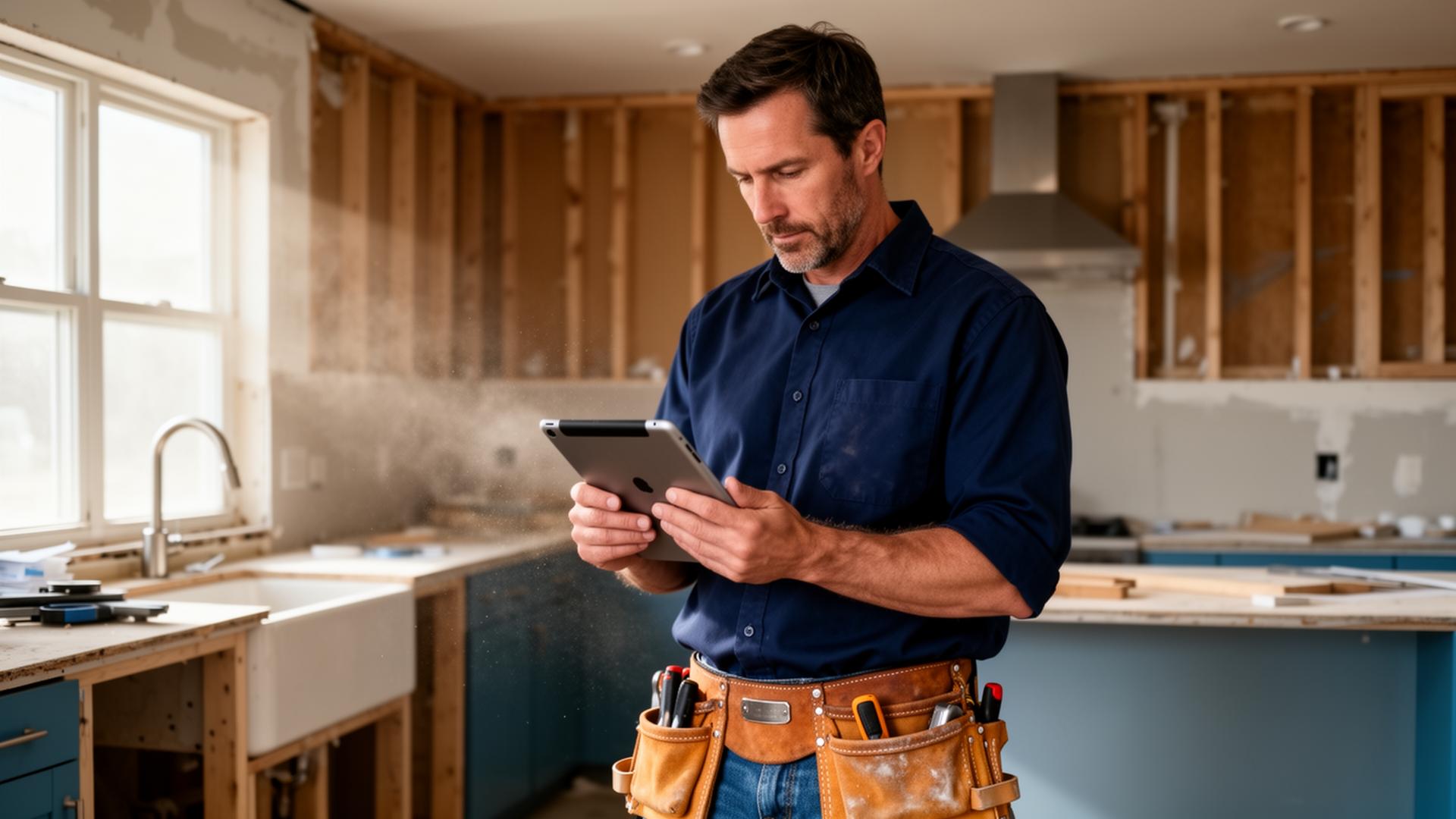 A general contractor reviewing an estimate on a tablet inside a kitchen remodel.