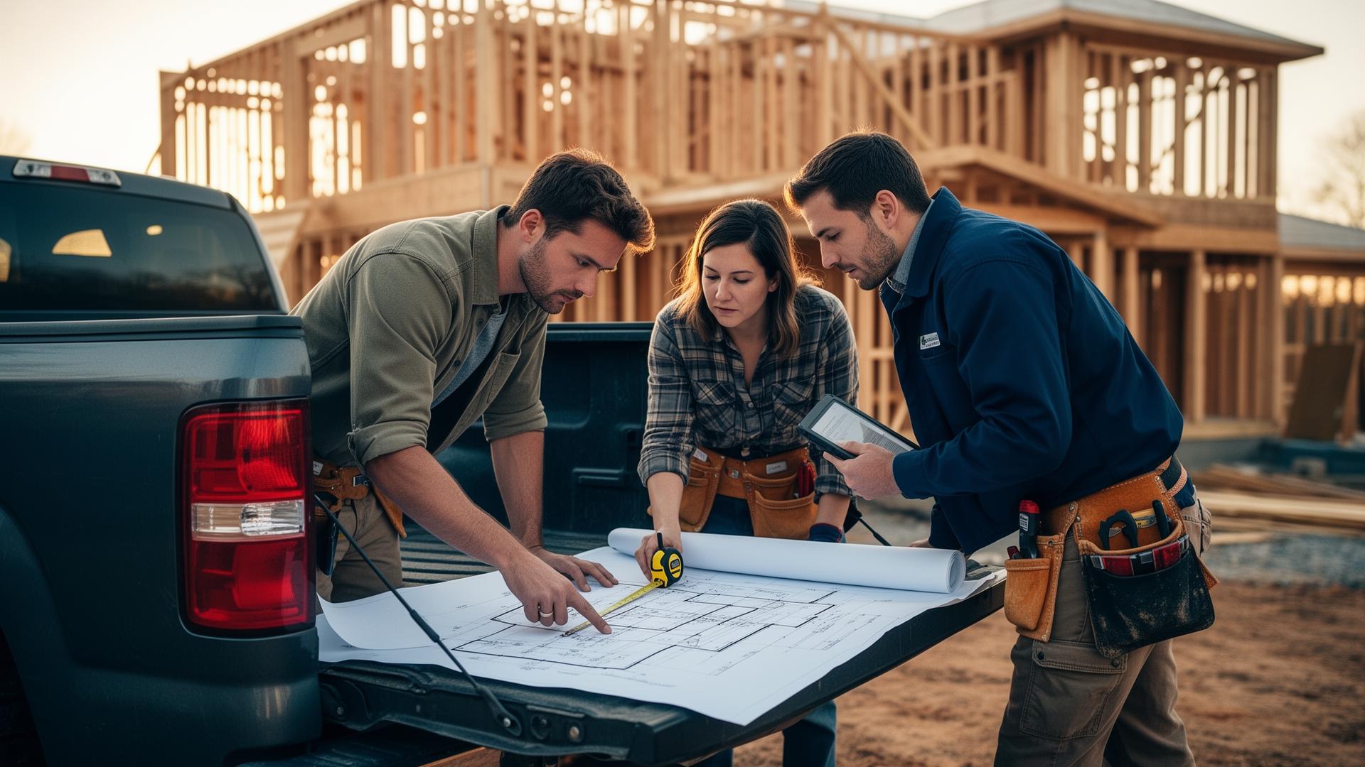 A contractor team reviewing blueprints on a jobsite tailgate at golden hour.
